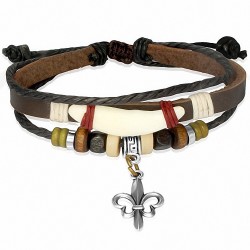 Bracelet en cuir marron avec breloque perle en bois corne Fleur De Lis Fleur Wrap réglable