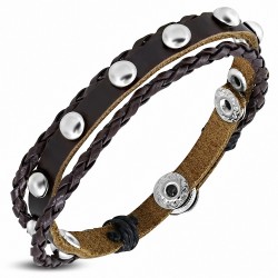 Bracelet en cuir marron à boutons pression ronds tressés  avec cordons multiples