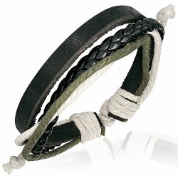Bracelet ajustable lanière en cuir noir tresse noire avec corde kaki et blanche