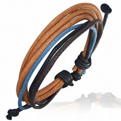 Bracelet ajustable triple en cuir avec corde noire chocolat et bleue