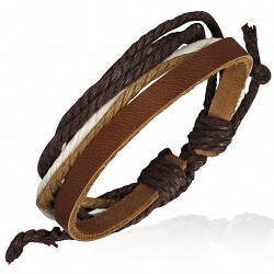 Bracelet ajustable en cuir brun avec corde chocolat caramel et crème
