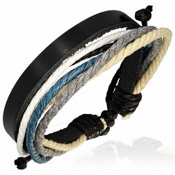Bracelet ajustable en cuir noir avec corde grise blanche crème et bleue