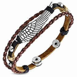 Bracelet en cuir tressé avec fermeture à bouton pression et plume