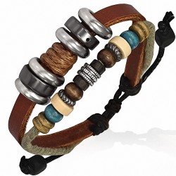 Bracelet ajustable en cuir marron avec perle en bois et cordon fantaisie