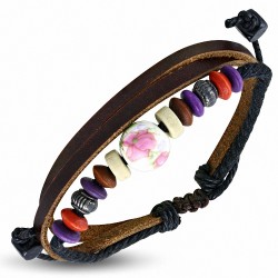 Bracelet ajustable en cuir marron multicolore   perler avec une corde de Bali