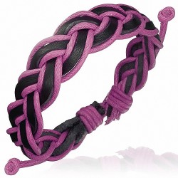 Bracelet ajustable tressé en cuir noir et double corde fichsia