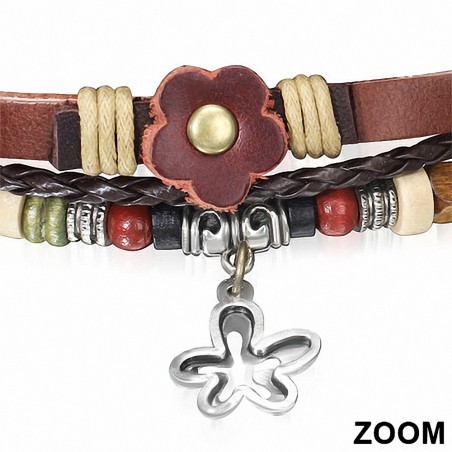 Bracelet en cuir marron ajustable avec bretelles fantaisie  en forme de corde triple et torsadée