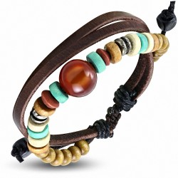 Bracelet ajustable en cuir marron avec perle en bois de Bali  Triple Wrap