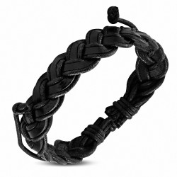Bracelet ajustable tressé en cuir noir et corde noire