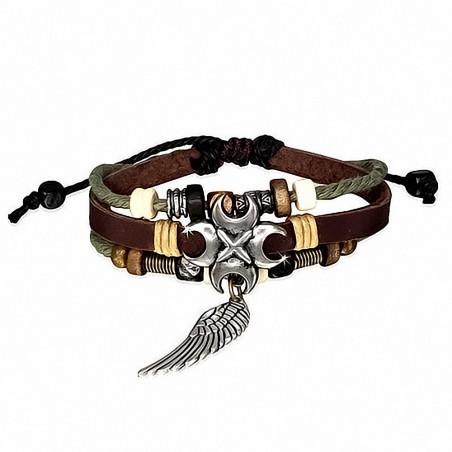 Bracelet ajustable en cuir avec breloque perle en bois croissant en corde de Bali en perle de bois croissant