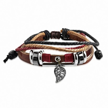 Bracelet ajustable en cuir marron avec breloque feuille d'automne et breloque