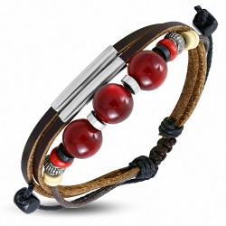 Bracelet ajustable en cuir marron avec boule de perle en bois Bali  Triple Wrap
