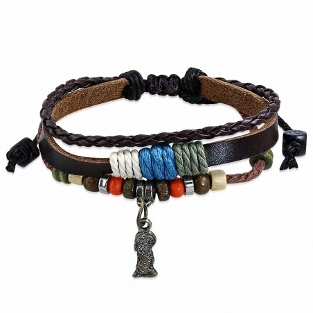 Bracelet Triple en Cuir Tendance Triple Wrap Tressé Bali Perlant Fille Charmante Réglable Bracelet en Cuir Marron