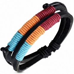 Bracelet ajustable 3 lanières en cuir noir avec corde enroulée rouge orange et bleu clair