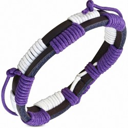 Bracelet ajustable en cuir noir à double enroulement blanc et violet