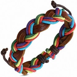 Bracelet ajustable tressé en cuir marron et cordes multicolores