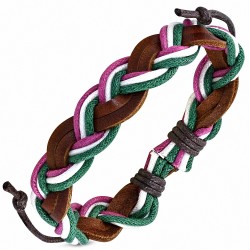 Bracelet ajustable tressé en cuir marron et corde fuchsia blanche et verte
