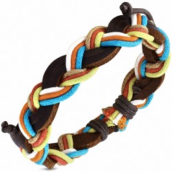 Bracelet ajustable tressé en cuir marron et cordons multicolores