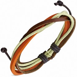 Bracelet ajustable lanières en cuir brun et orange avec corde vert anis