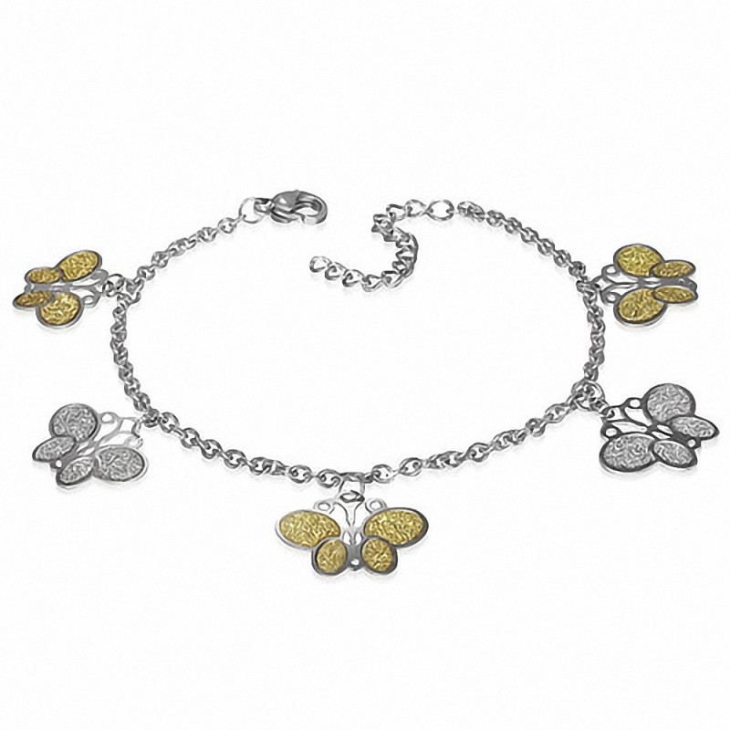 Bracelet à breloques papillon sablé en acier inoxydable 2 tons