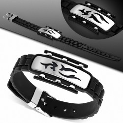 Bracelet en caoutchouc noir avec boucle de ceinture et symbole tribal découpé en acier inoxydable