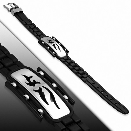 Bracelet en caoutchouc noir avec boucle de ceinture et symbole tribal découpé en acier inoxydable