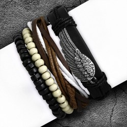 Ensemble de bracelets en cuir noir aile de plume corde blanche brune et perles bois noires crème