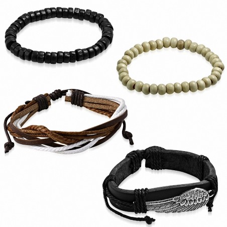 Ensemble de bracelets en cuir noir aile de plume corde blanche brune et perles bois noires crème