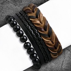 Ensemble de bracelets en cuir brun noir tressé et de perles