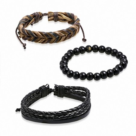 Ensemble de bracelets en cuir brun noir tressé et de perles