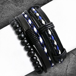 Ensemble de bracelets en cuir noir blanc bleu royal corde noir et de perles bois noires