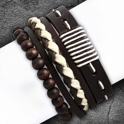 Ensemble de bracelets en cuir marron corde marron/crème et de perles