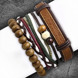 Ensemble de bracelets en cuir brun chocolat cordes multicolores et de perles bois