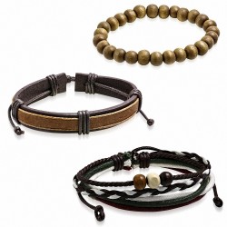 Ensemble de bracelets en cuir brun chocolat cordes multicolores et de perles bois