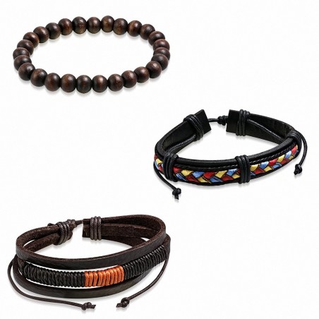 Ensemble de bracelets en cuir marron corde multicolores et de perles