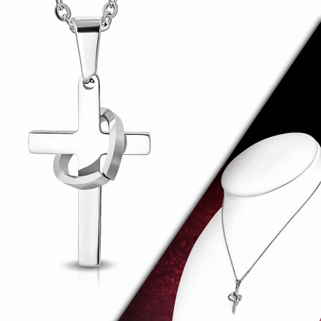 Collier en acier inoxydable à maillons charm avec croix ouverte et cœur ouvert en forme de coeur