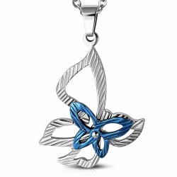 Pendentif papillon bleu sur fleur argentée en acier inoxydable avec gemme