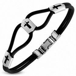 Bracelet en caoutchouc noir avec découpe en acier inoxydable de style croisé