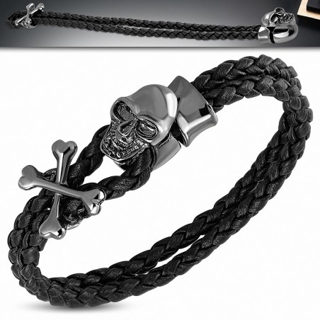 Bracelet à bascule en cuir tressé double PVC et cuir avec tête de pirate en cuir de pirate