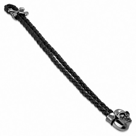 Bracelet à bascule en cuir tressé double PVC et cuir avec tête de pirate en cuir de pirate