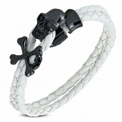 Bracelet à bascule en cuir tressé blanc double en PVC et en cuivre avec tête de mort pirate