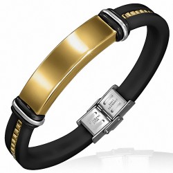 Bracelet en caoutchouc noir avec montre à rayures en chaîne en acier inoxydable 3 tons