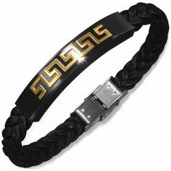 Bracelet en cuir de PVC tressé noir avec montre en acier inoxydable à trois tonalités  clé grecque