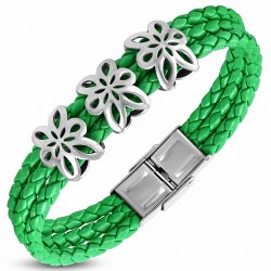 Bracelet en cuir PU tressé vert avec fleurs en acier inoxydable