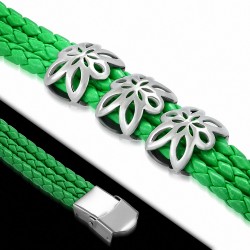 Bracelet en cuir PU tressé vert avec fleurs en acier inoxydable