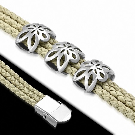 Bracelet en cuir PU tressé brun clair  avec montre à fleurs en acier inoxydable