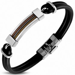 Bracelet en caoutchouc noir avec montre en fil de câble torsadé celtique en acier inoxydable à 3 tons