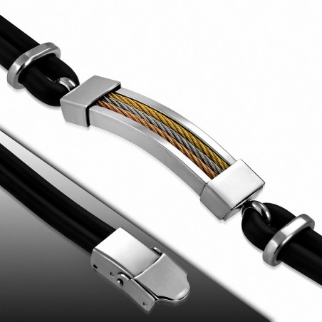 Bracelet en caoutchouc noir avec montre en fil de câble torsadé celtique en acier inoxydable à 3 tons