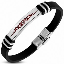 Bracelet en caoutchouc noir avec montre de symbole tribal gravé en acier inoxydable à 2 tons