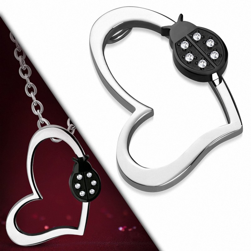 Pendentif à emprisonnement invisible coeur ouvert en acier inoxydable et coccinelle noire